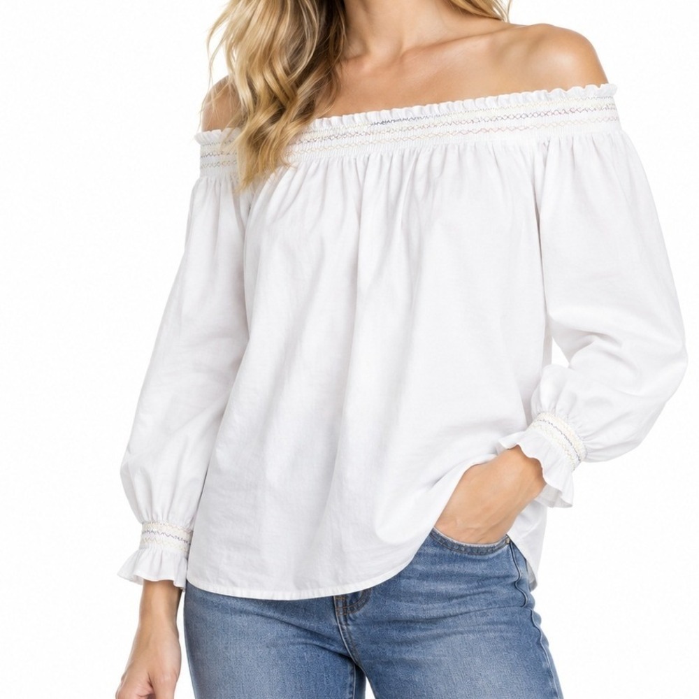LOFT Women White Off Shoulder Peasant Blouse Long Sleeve Smocked Cuffs Size L